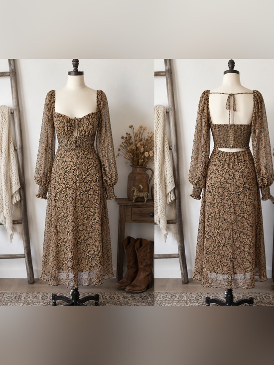 Free People Dresses & Skirts - Free People Floral Midi Dress Open Back Balloon Sleeve Western Boho Prairie L